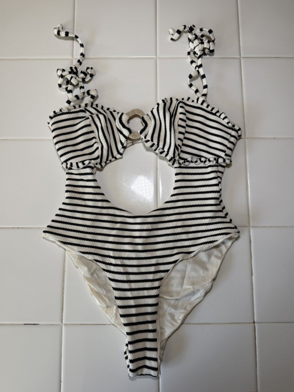 Blue Life Majorca Striped One Piece Swimsuit Cutout Ruffle Tie Strap Cheeky M